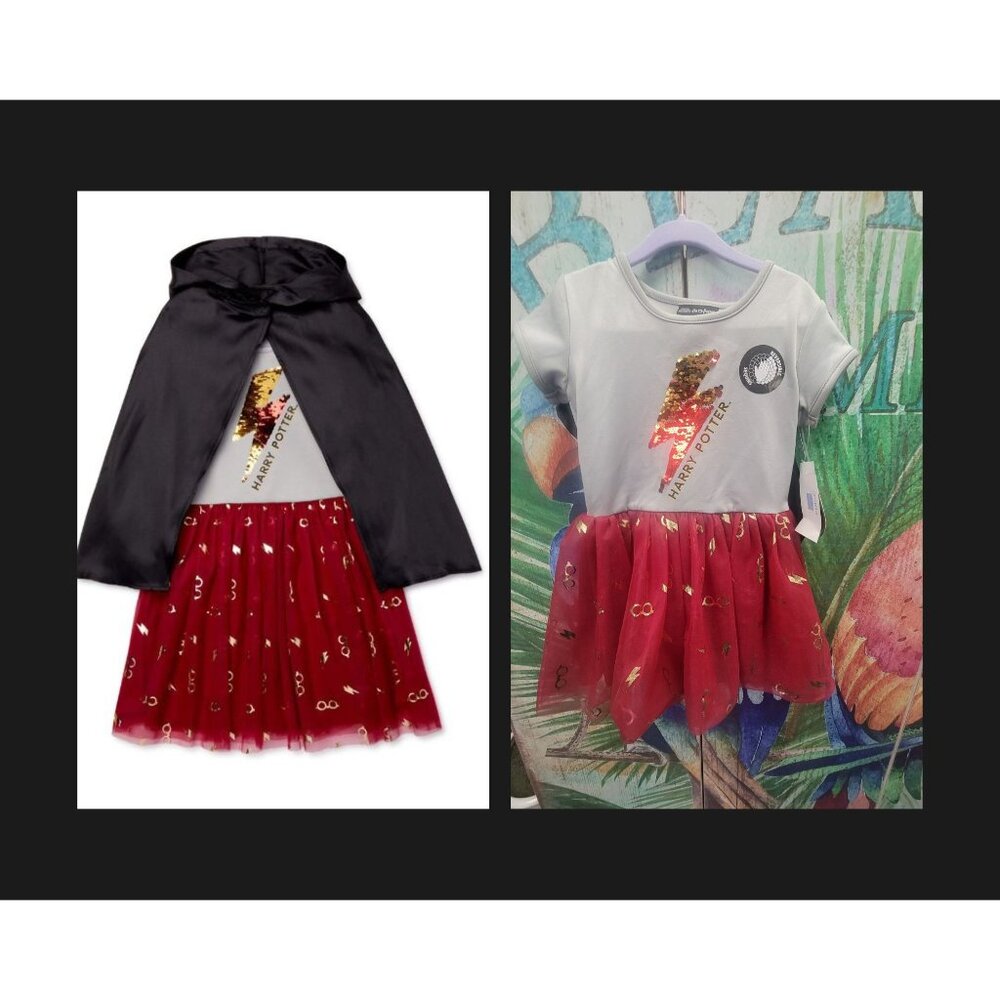 Harry Potter Girls Costume Dress & Cape Set XS 4/5 Gold Sequin Lightning Bolt Tu